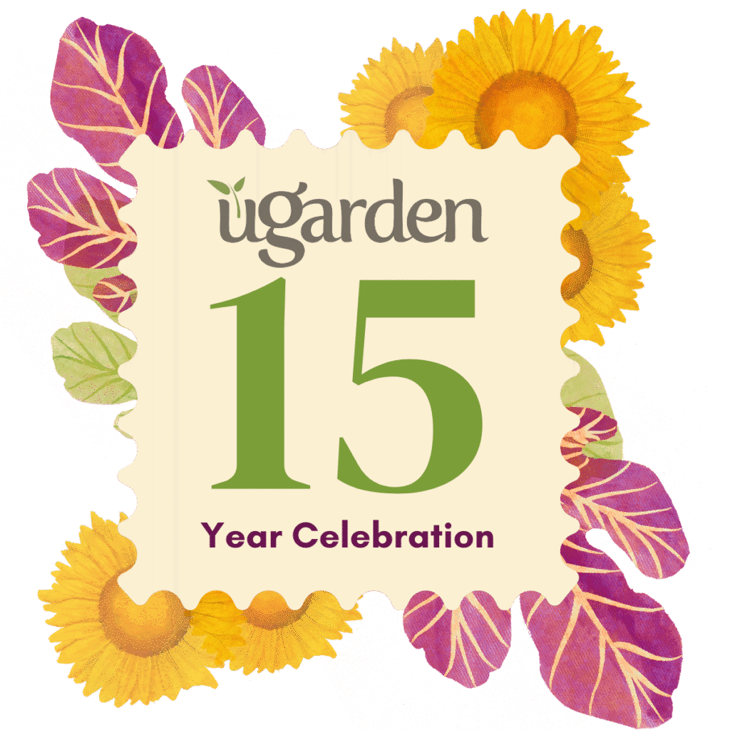 A stamp reading "UGArden 15 year celebration" is surrounded by colorful illustrations of fig leaves and sunflowers.